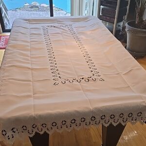 Elegant White Embroidered Lace Tablecloth